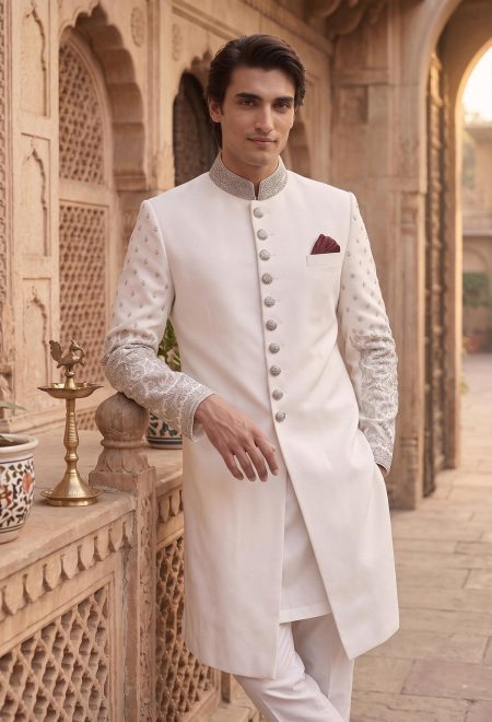 Modern White Embroidered Sherwani