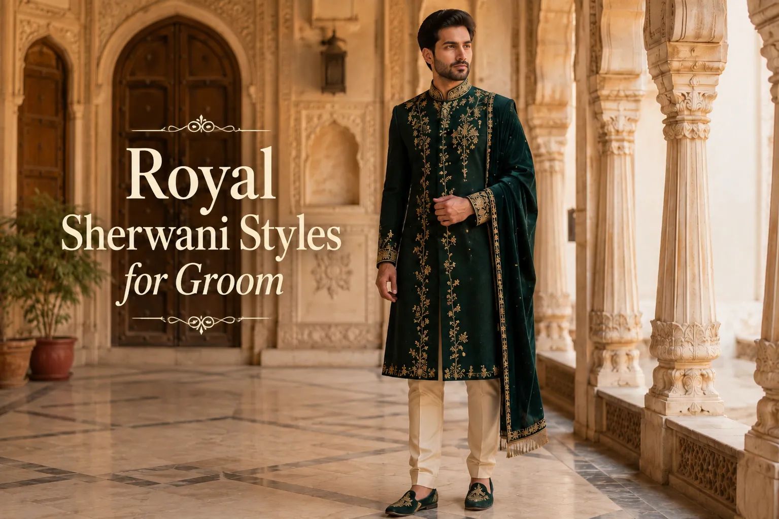 Groom in a royal green embroidered sherwani.