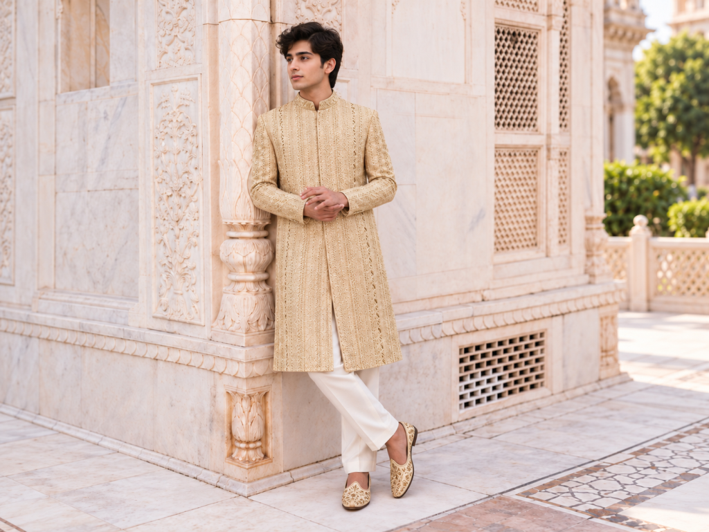 Man in golden color sherwani