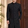 Royal Black Embroidered Sherwani White Embroidered Sherwani For Men