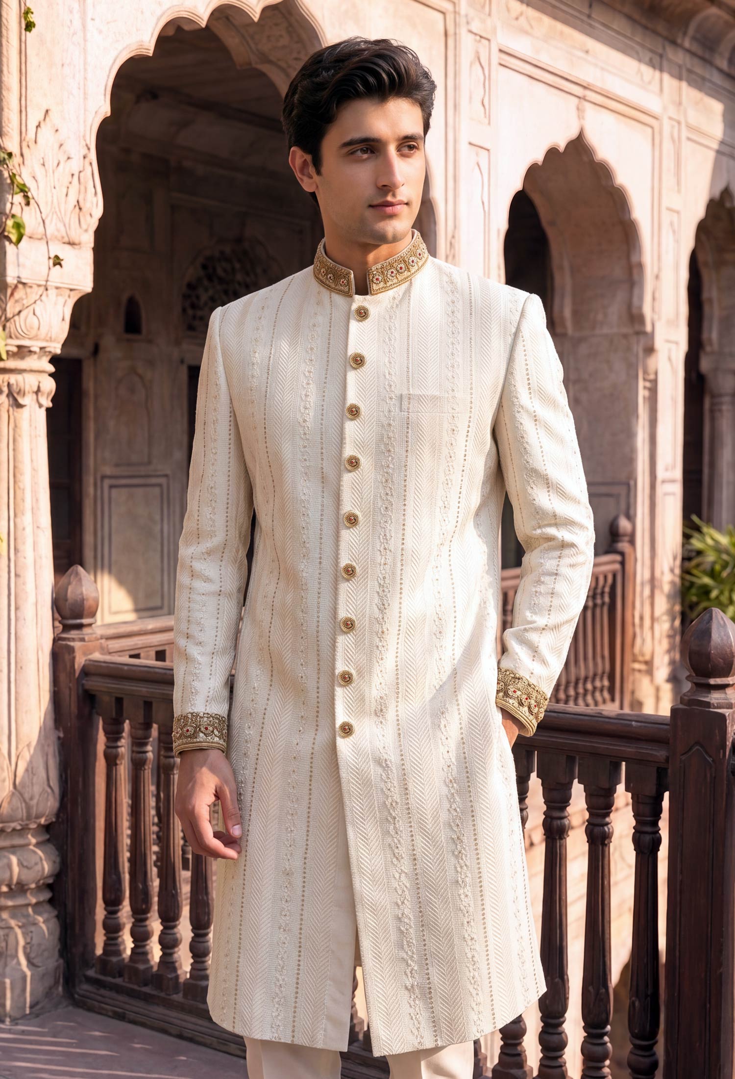 Ivory Embroidered Sherwani Bespoke Ivory Embroidered Sherwani Ivory Embroidered Sherwani