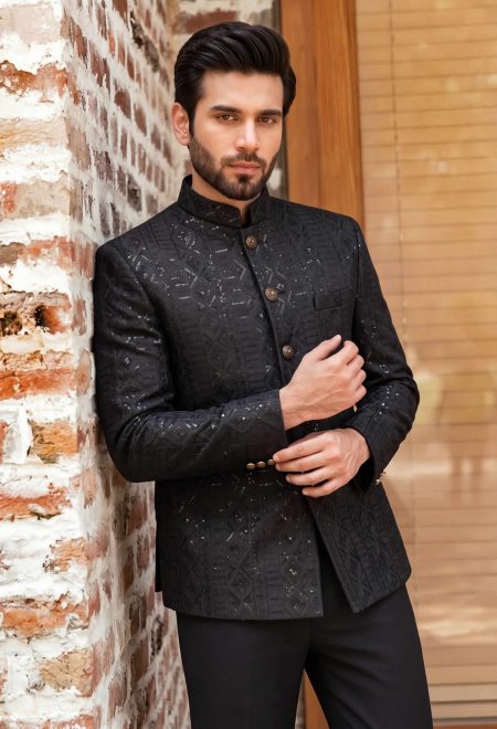 Modern Black Textured Embroidered Prince Coat