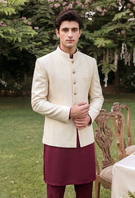 Modern Ivory Textured Prince Coat